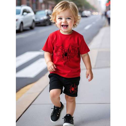 SHEIN Playful Pals Baby Boy Spiderweb Print Short Sleeve T-Shirt & Shorts Set, Fashionable Minimalist Style Suitable For Summer Outings