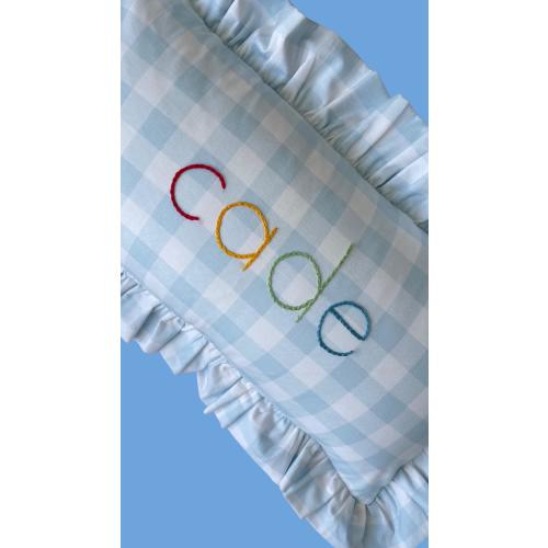 Blue Gingham pillowcase with Rainbow personalized name- hand embroidered