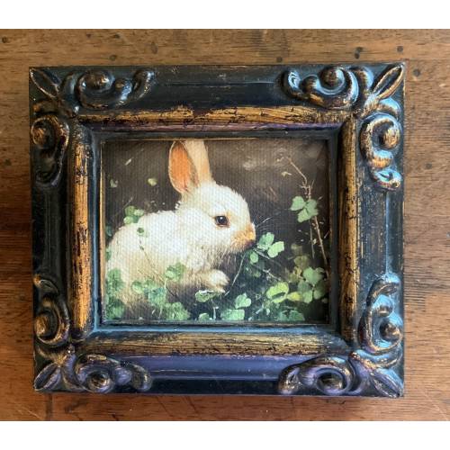 HAND PAINTED MINIATURE  on a 2.5”x3” canvas print ,bonded to canvas of a baby bunny/ .framed