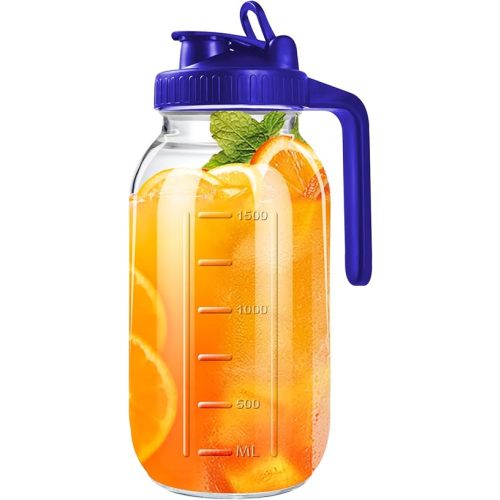 64oz Glass Pitcher with Lid, 2 Quart Mason Jar Pitcher with Lid and Spout, Wide Mouth Breast Milk Pitchers Glass Jug Sun Tea pitcher, Cold Brew Coffee Pitchers, Fridge Container for Water, Juice, Tea