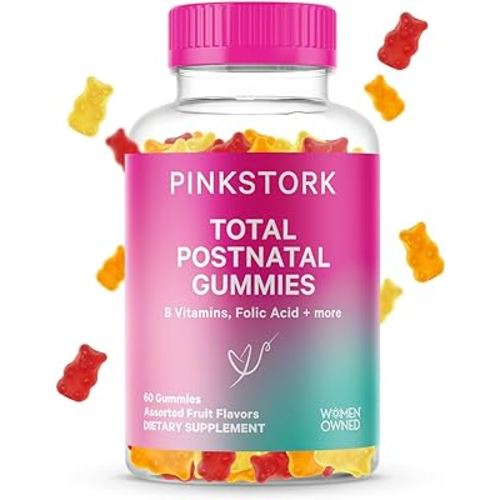 Pink Stork Total Postnatal Vitamin Gummies for Women, Postpartum Recovery and Lactation Support with Folic Acid, Vitamin B6, and Vitamin C, Postpartum Essentials - 60 Gummy Vitamins