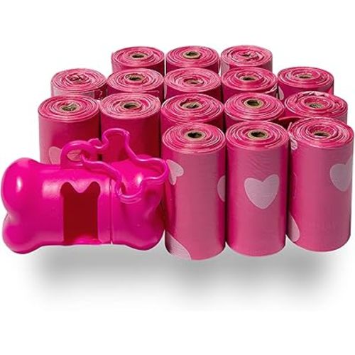 Best Pet Supplies Dog Poop Bags for Waste Refuse Cleanup, Doggy Roll Replacements for Outdoor Puppy Walking and Travel, Leak Proof and Tear Resistant, Thick Plastic - Pink Heart, 240 Bags