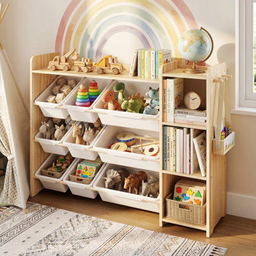 Isabelle & Max™ Kids Toy Storage Organizer White and Natural Wood 3 Tiers with 9 Storage Bins | Wayfair