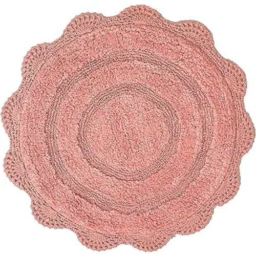 Chardin home Blush Pink Crochet Bathrug,100% Cotton Round bathmat with artisanally Handcrafted Crochet Border, 24 Inch Diameter, Perfect for Half Baths, Powder Rooms, bathrooms