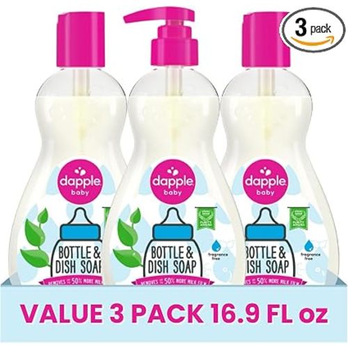 Dapple Baby Fragrance Free Bottle & Dish Soap - (3 Pack) 16.9 fl oz - Cleans Baby Bottles, Sippy Cups, Pacifiers, Breast Pumps, & More - Gently Removes Milk Film & Odors - Includes 1 Pump