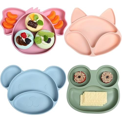 Maxdot 4 Pcs Silicone Baby Plates Toddler Suction Plates Divided Baby Dishes Cute Animal Kids Plates for Toddlers Baby Feeding Eating Supplies, Microwave and Dishwasher Safe (Vibrant Colors,Vivid)