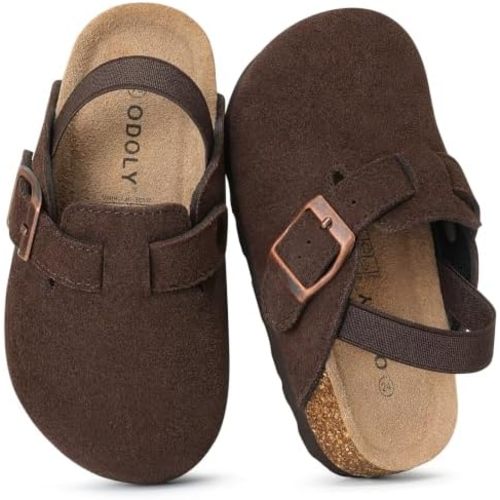 ODOLY Kids Genuine Suede Clogs, Comfortable Cork Footbed Slip On Mules