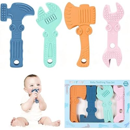 TYRY.HU Baby Teething Toys for Babies, Baby Teether Toys, BPA Free Silicone Baby Molar Teether Chew Toys, Hammer Wrench Spanner Pliers for Boys Girls, Soft-Textured, Easy to Hold & Clean, 4 Packs