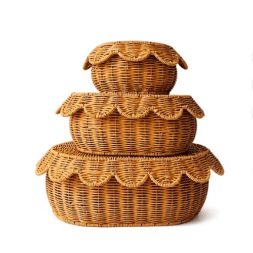 Huzeijin Handwoven Rattan Nesting Storage Baskets with Lids, Scalloped Style, Natural Brown, 3-Piece Set