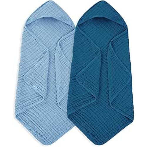 Muslin Baby Towels 100% Cotton ，Super Soft Muslin Baby Bath Towel - 32 x 32 Inches, Suitable for Newborn and Young Children up to 3 Years Old. (Light Blue & Dark Blue)