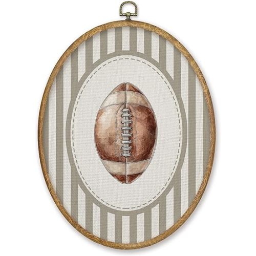 CGBHW Vintage Football Nursery Oval Wall Art Decor Products, Sports Canvas Prints Framed, Neutral Striped Football Wall Art Hanging Decor for Home Kids Boy Nursery Room Bedroom Playroom, 8.6x11.4 Inch