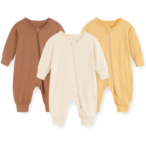 falianni 3 Pack Cartoon Baby Unisex Jumpsuits Comfy Solid Color New born Boy Girl Rompers Long Sleeve Zipper Infant Colthes