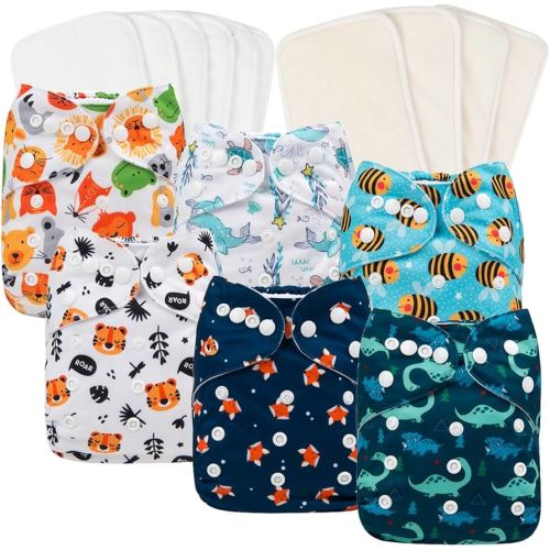 babygoal Reusable Cloth Diapers 6 Pack with 10pcs Inserts, One Size Adjustable Washable Pocket Nappy Covers for Baby Boys and Girls 6FB12