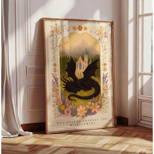 Fantasy Dragon Print, Dragon Sleeping in Wildflower Meadow, Bookish Wall Art, Floral Castle, Dragon Art, You Belong Amongst the Wildflowers