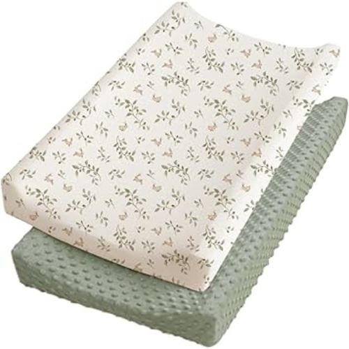 Konssy 2 Pack Minky Changing Pad Cover, Soft Minky Dots Plush Diaper Changing Table Cover Set, Breathable Changing Pad Sheets for Baby Girls Boys (Sprout,Fog Green)