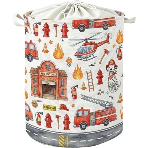 Fire Truck Nursery Laundry Basket, Boys Laundry Basket Hamper, Red Fire Fighting Supplies Dog Waterproof Collapsible Clothes Toys Storage Bin Organizer for Kids Boys Room Bedroom Bathroom