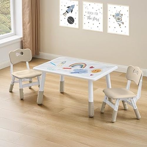 Adjustable Kids Table and 2 Chair Set, Height Adjustable Multi-Activity Play Desk, Marble Graffiti Design, Preschool Montessori Art & Craft Furniture for Children, Home, Daycare, Kindergarten