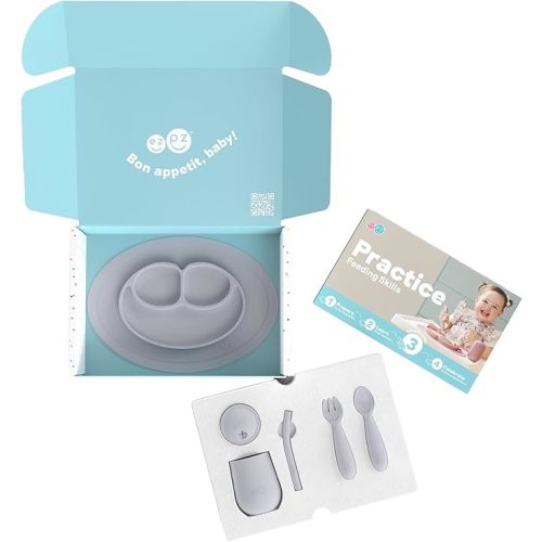 ezpz Kit 3: Practice Feeding Skills (Pewter) - Tools to Help Your Toddler Practice Scooping, Piercing, Straw Drinking, and Self-Feeding - Toddler Essentials & Gifts