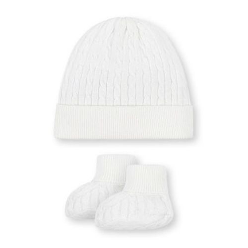 Hope & Henry Baby Organic Sweater Beanie and Bootie 2-Piece Set, Soft White Beanie Set, 0-3 Months
