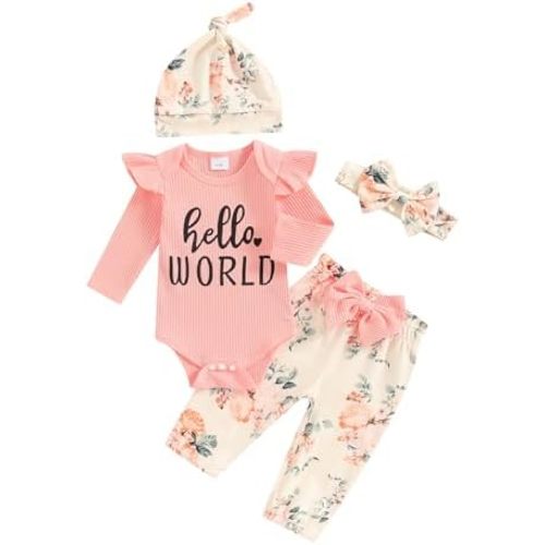 Hello World Newborn Outfit Baby Girl Going Home Outfit Ruffle Ribbed Romper Top Floral Pants Set Cute Summer Clothes