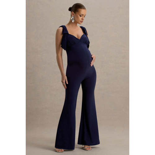 Impeccable | Navy Sweetheart Bow Strap Maternity Jumpsuit
