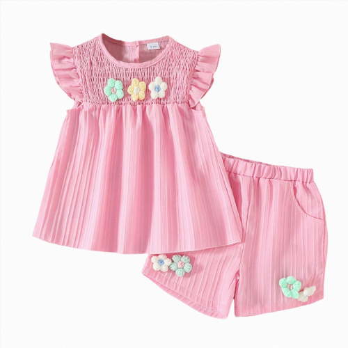 TOWED22 Toddler Baby Girl Summer Clothes Ruffle Sleeve Cartoon T Shirt Linen Short Sets with Belt Cute Outfits(Blazer,12-18 M)