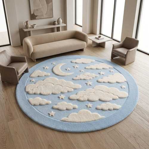 Cloud Nursery Wool Rug, Sky Blue Hand Tufted Celestial Moon Star Kids Carpet, Cute Neutral Baby Playroom Rug, 5x5 6x6 5x8 8x10 Custom