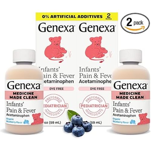 Genexa Infants' Clean Acetaminophen | Pediatrician Preferred Ingredients | Pain Reliever & Fever Reducer for Babies | Dye Free, 0% Artificial Additives | Organic Blueberry Flavor, 4 fl oz (2 Pack)