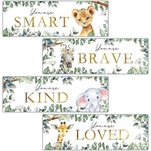 4 Pieces Kids Room Wall Decor Wooden Sign, 11.8" x 3.9" Jungle Animals Motivational Wall Art for Kids Room Nursery Playroom Classroom, You are Loved/Brave/Kind/Smart-A06