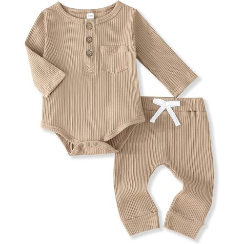 Newborn Baby Boy Clothes Toddler Ribbed Knit Cotton Long Sleeve Romper Long Pant Preemie Solid Color Outfits