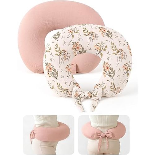 lulumoon Muslin Nursing Pillow Covers - 2-Pack Cotton Slipcovers for Breastfeeding Pillow - Extended Adjustable Strap for Secure Fit & Stable Support - Hidden Zipper Safety for Bottle-Feeding