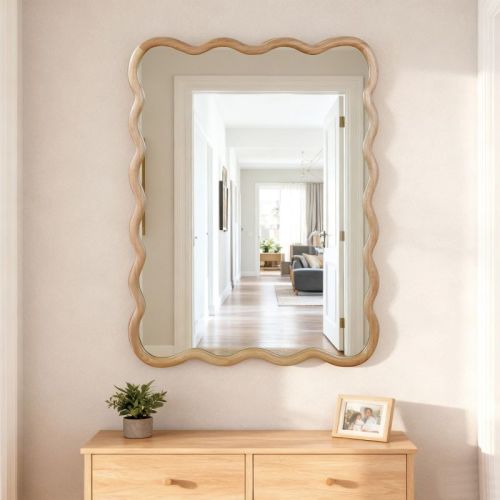 30" x 40" Wall Mirror with Natural Solid Wood Frame, Wavy Rectangle Decorative Mirror - Natural