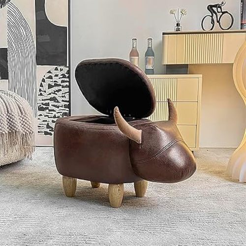 Animal Foot Stool, Cow Ottoman with Storage, Faux Leather Foot Rest Stool Upholstered Footrest with Wood Legs, Footstool for Living Room, Gameroom, Playroom, Bedroom(62x33x36cm(24x13x14inch), Coffee)