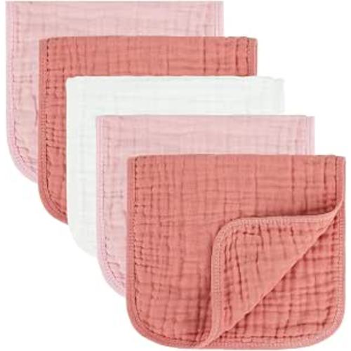 MIGIOL Baby Burp Cloths 100% Cotton Newborn Muslin Burp Cloths 10x20 inches Baby Essentials Pink&White 5-Pack