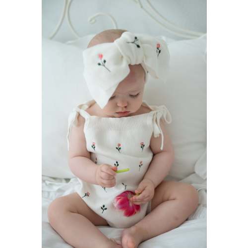 Floral Embroidery Romper + Bow - White