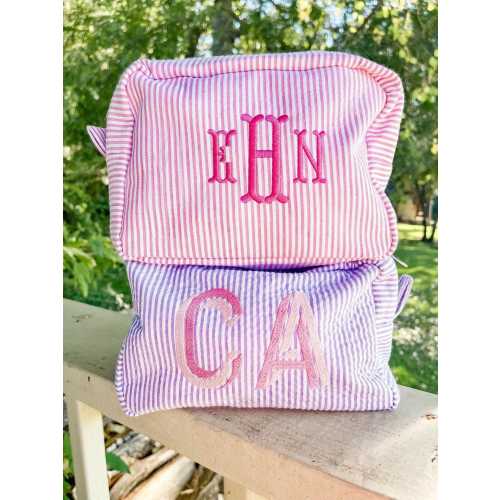 Embroidered Seersucker Makeup Bag // Personalized Seersucker Toiletry Bag, Cosmetic Bag, Bridesmaid Gift, Bridal Party Gifts, Bridal Shower