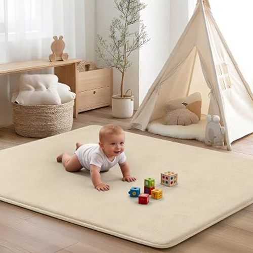 Baby Play Mat for Floor,Ultra Thick Elastic Foam 59"x59" Playmat Tummy Time Muscle Crawling Exercise Activity Cushion Gym Mat Nursery Playroom Area Kids Rug for Babies, Toddlers,Infants,Beige