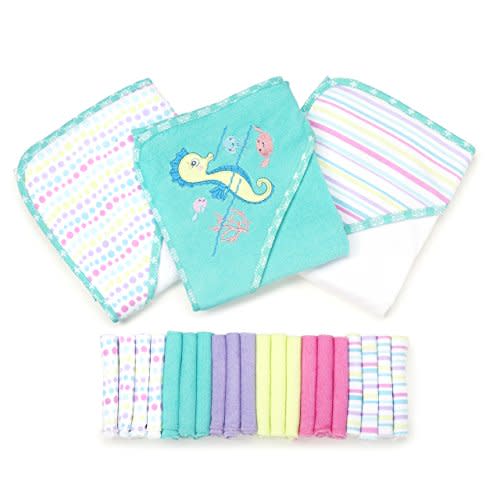 Spasilk Baby 23 Piece Bath Hooded Towels and Washcloths Set for Newborn Boys and Girls
