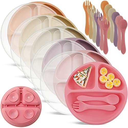 Meanplan 6 Pack Suction Plates for Toddlers with Lids Silicone Baby Plates set Food Grade Silicone Divided Design Microwave and Dishwasher Safe Assorted Colors(Cute Colors)
