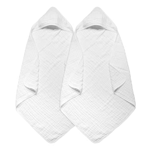 Baby Hooded Towels for Babies and Toddlers, Muslin Baby Bath Towel Soft and Absorbency for Boys and Girls (White 2 Pack)