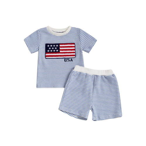 Loicainy Toddler Baby Boy 4th of July Clothes Set 6 12 18 24 Months 2T 3T 4T Flag Embroidery Striped Crew Neck Short Sleeve T-Shirt and Shorts 2 Pcs Independence Day Outfits