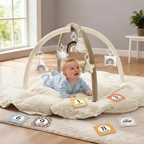 Mallify 5-in-1 Thick & Plush Baby Play Gym, Baby Play Mats for Floor, Tummy Time Mat with 6 Toys, Convertible Stage-Based Developmental from Babies to Toddlers, Ball Pit, Brown