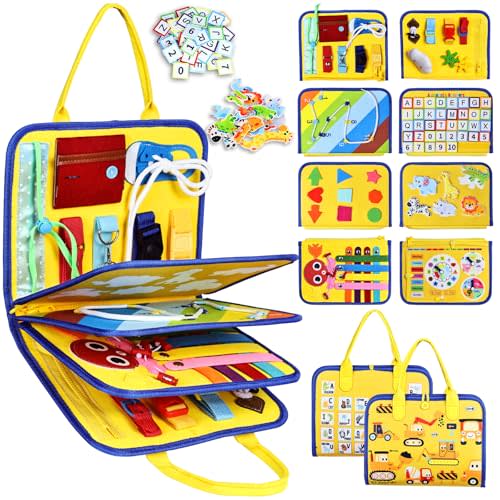 Esjay Toddler Busy Board Montessori Toys for Boys Girls, Sensory Book Educational Activities for Learning Fine Motor Skills, Birthday Gifts for Toddlers, Travel Toys for Airplane Car, Yellow Truck