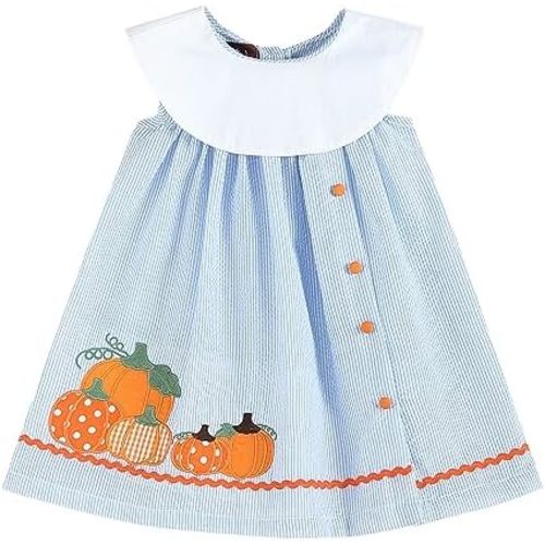 Lil cactus Baby Girls Pumpkin Dress, Seersucker Toddler Halloween Dress with Pumpkin Applique, Boutique Thanksgiving Outfit