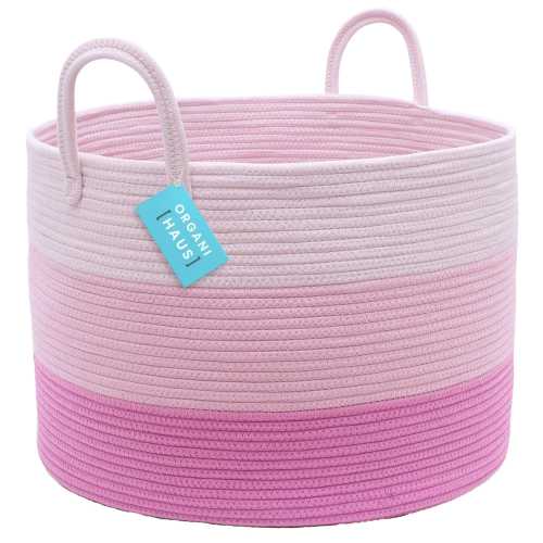 OrganiHaus XXL Cotton Rope Basket: 20” Pink Nursery Storage with Handles