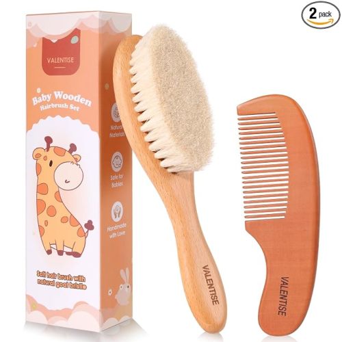 Baby Hair Bush and Comb Set,Baby Hair Brush with Soft Goat Bristle and Wood Comb Set,Wooden Baby Brush Set for Newborns & Toddlers,Good for Cradle Cap Brush