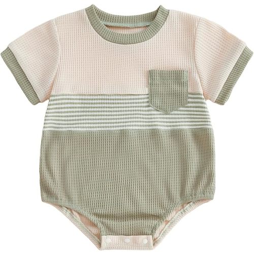 VISGOGO Baby Boy Striped Romper Waffle Short Sleeve Bubble Oversized Romper Bodysuit Summer Onesie Clothes (Contrast Green, 0-3 Months)