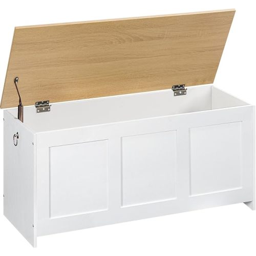 HOOBRO Storage Bench, 39.3" Retro Wooden Storage Chest, Wooden Storage Trunk, Toy Chest with Lift Top, Multifunctional Entryway Organizer, for Entryway, Living Room, White and Natural WN141CW01