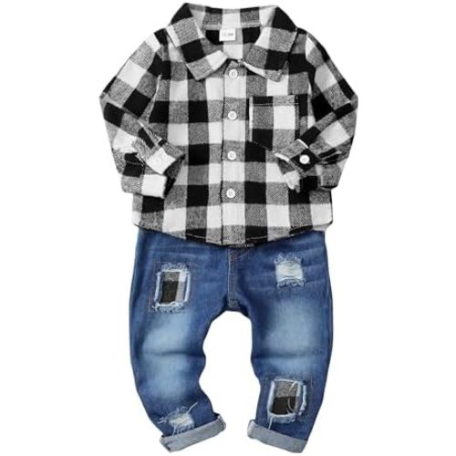 NZRVAWS Toddler Baby Boy Clothes Infant Plaid Pocket Shirt Denim Ripped Jean Pants Outfits Set 6-24 Months 2-5T
