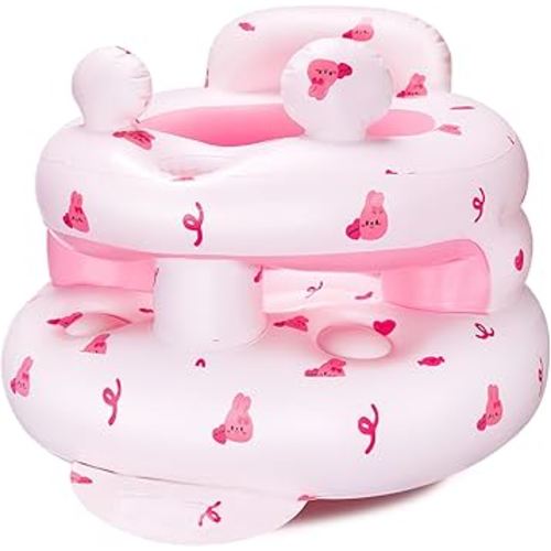 Inflatable Baby Seat for Babies 3-36 Months，[Squeaky Sound & Anti-Fall Design] Inflatable Chair with Sound-Making Ears, Baby Seat for Sitting-Up Practice, Built-in Air Pump (Pink Bunny)